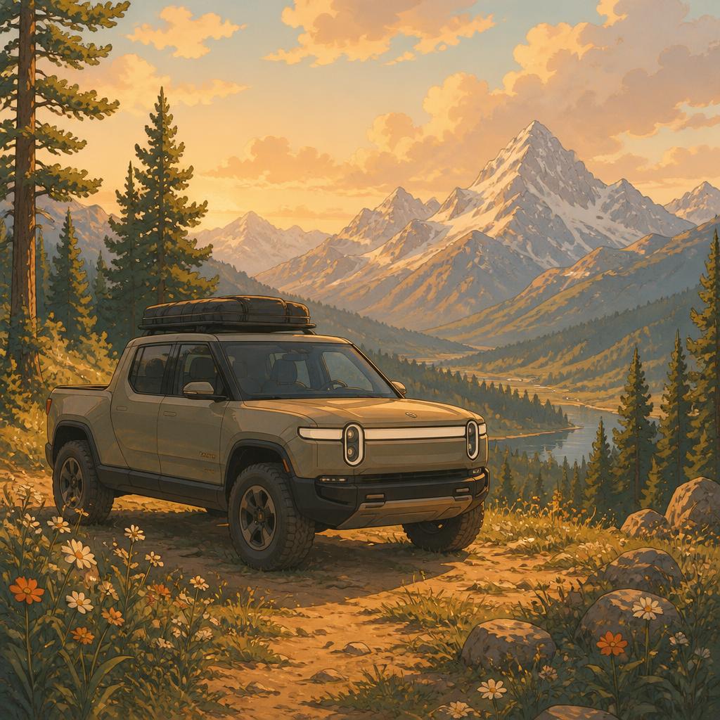 Dreamy illustration of a Rivian-style adventure truck in a Ghibli-inspired mountain landscape with golden light