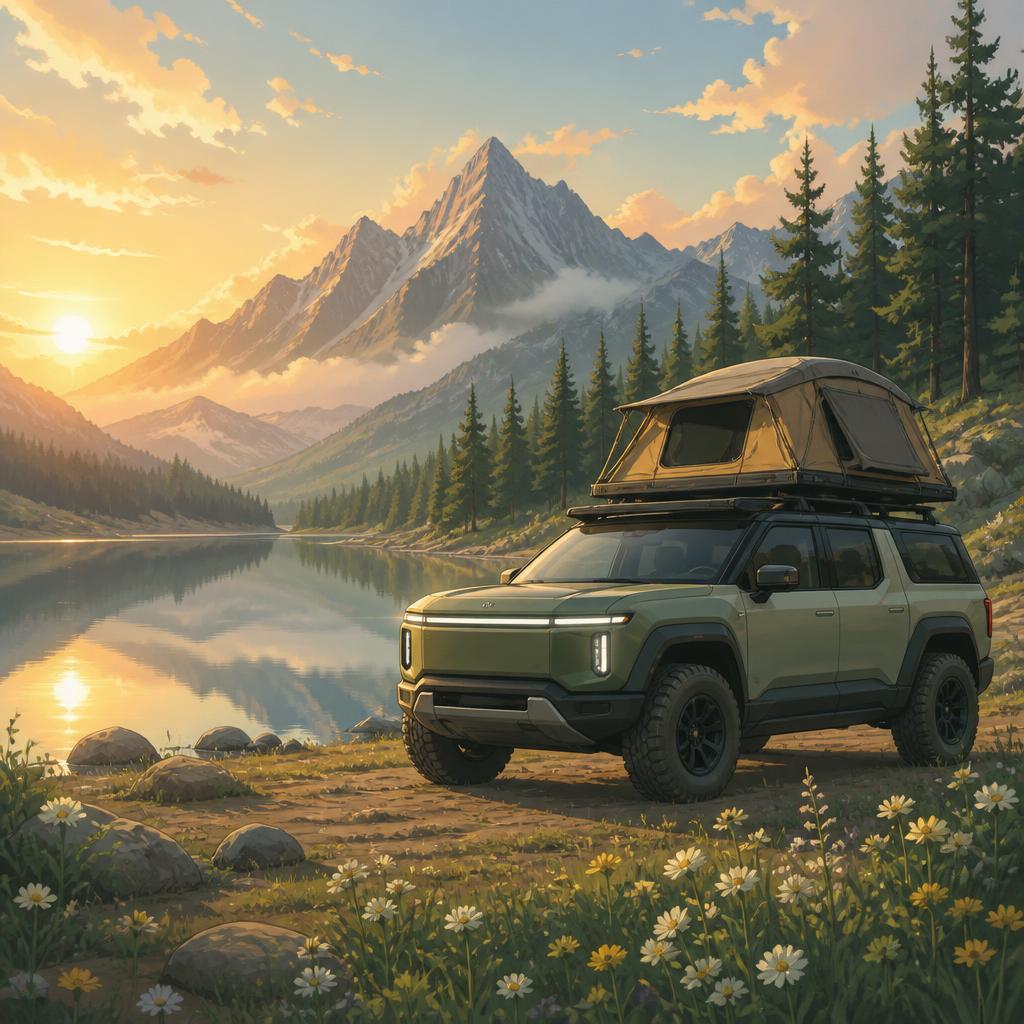 Rivian-style electric truck parked in a dreamy alpine meadow at sunrise, Ghibli-inspired soft lighting