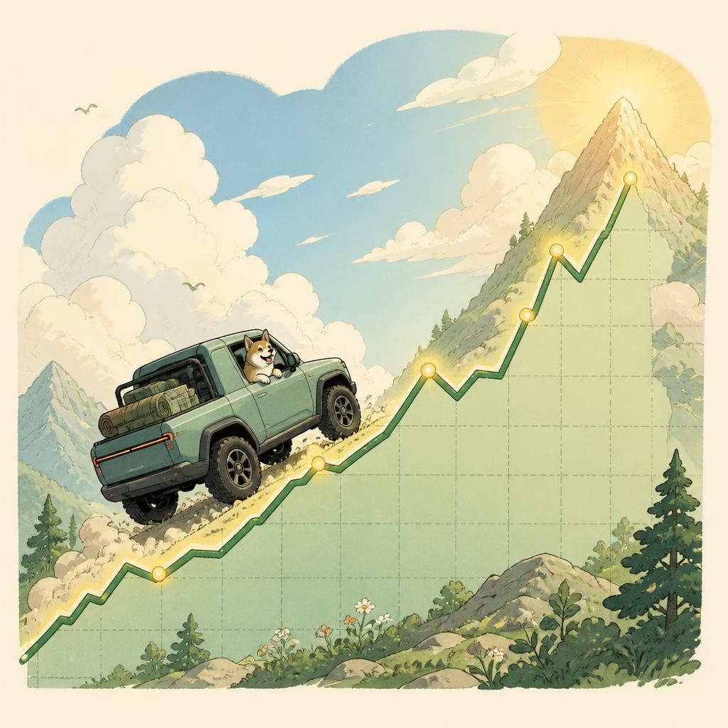Whimsical illustration of a stock chart shaped like a mountain trail with a Rivian-style truck climbing it